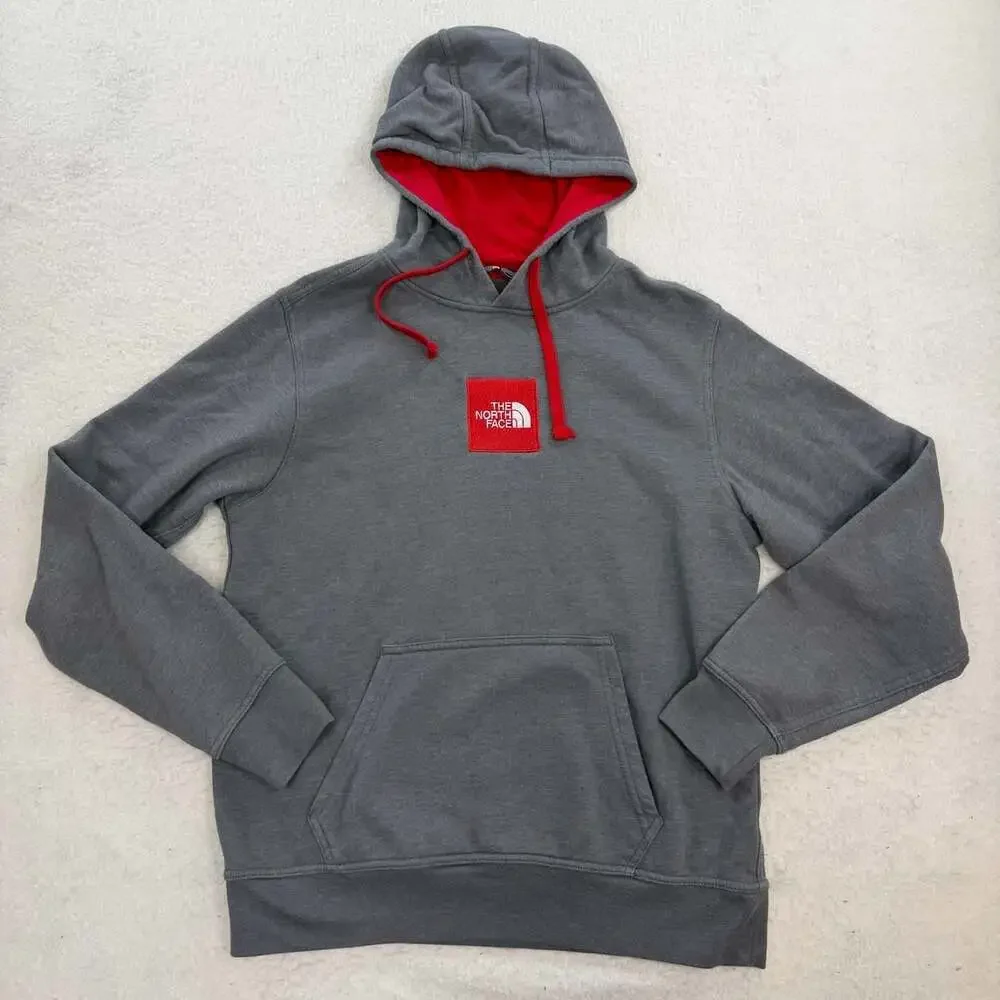 The North Face Men's Gray Pullover Hoodie Red Box Logo Patch Size Medium